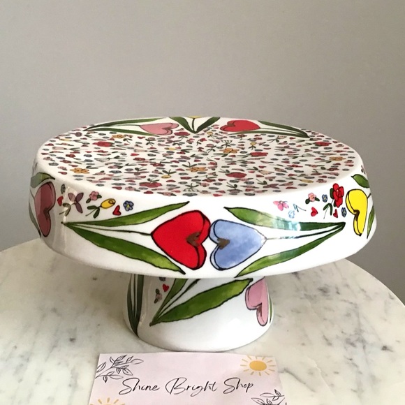 Anthropologie Mud Fairy Blooming Hearts Cake Stand Glazed Stoneware Floral NWT - Picture 2 of 11